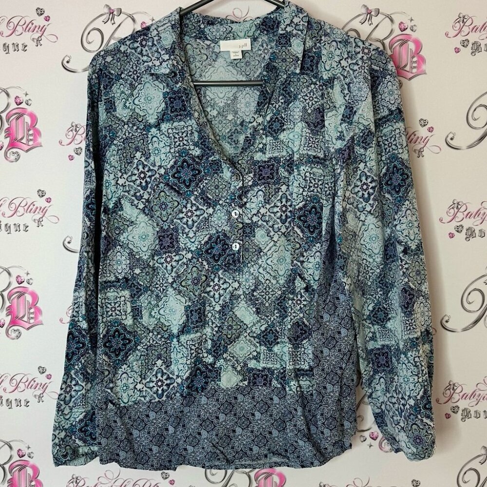 J.Jill button down shirt paisley boho Patterned Blue and Gray Top shiny